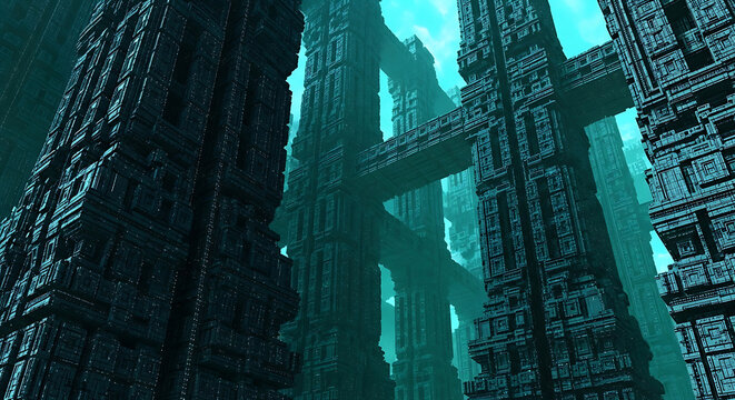 Ancient alien architecture pillars in dark underwater environment with architecture underwater mysterious structure monument submerged environment atmospheric archaeology