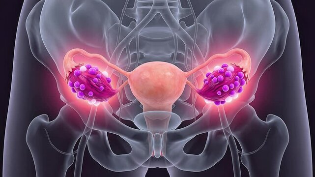 3D Medical Animation Ovarian Cancer Female Reproductive System Uterus Fallopian Tube Tumor Purple Glowing Cancer Cells X-Ray Dark Background Oncology