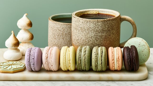 Gourmet macarons displayed alongside coffee mugs and delicate pastries create an inviting dessert table setup perfect for cafes, bakeries, or special events, enhancing the coffee break experience.