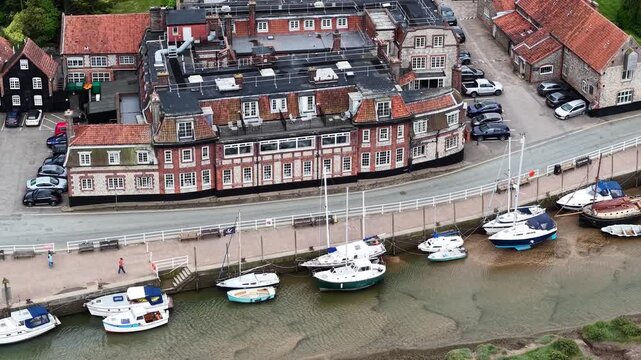 Aerial view of Blakeney village waterfront harbor, United Kingdom