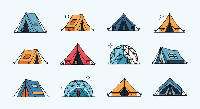 Comprehensive collection of various camping tent styles including dome ridge and teepee designs for outdoor adventures.