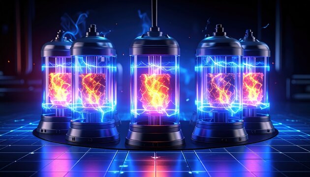 Futuristic plasma energy reactors arrayed in a glowing technological containment system