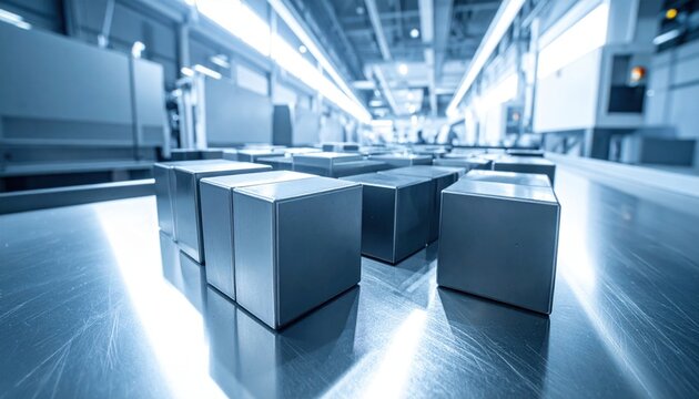 Metallic storage cubes neatly arranged in a futuristic industrial environment