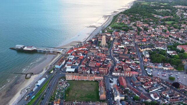 Drone shot of Cromer coastal town and beach in Norfolk, United Kingdom