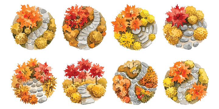 Autumn trees and stone pathway set top view landscape architectural plan elements
