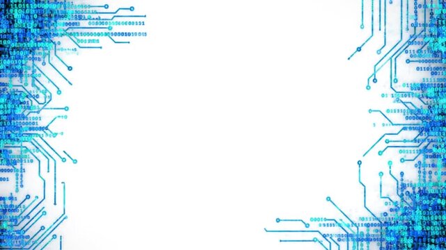 Abstract digital circuit board pattern with glowing blue lines and data streams on a white background