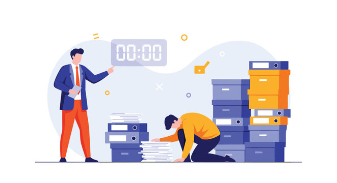 Employee overwhelmed by a huge stack of paperwork and files while a manager points at a digital countdown clock.