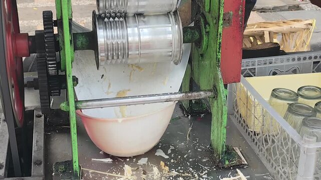 Close-up of a manual sugarcane juice machine extracting fresh juice from sugarcane stalks, demonstrating the production process of a popular street food beverage