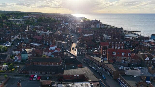 Aerial view of Cromer coastal town at sunset, Norfolk, United Kingdom