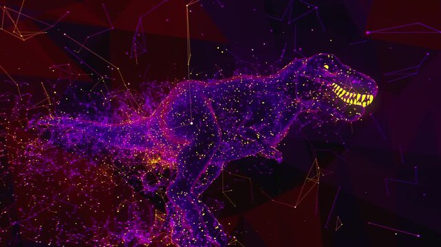 Seamless VJ loop of low poly T-Rex and geometric plexus style connections for high-tech club visuals, electronic music festivals, stage screens and for LED video walls