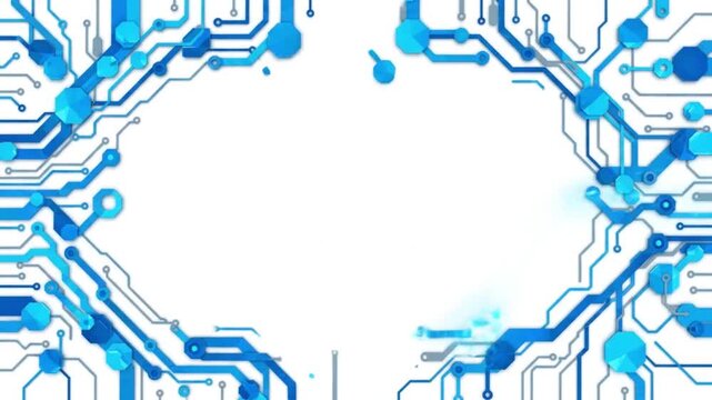 Abstract digital circuit board pattern with glowing blue lines and nodes on a white background