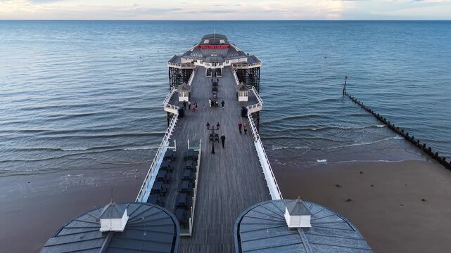 Flight over Cromer Pier in Cromer coastal town in Norfolk, United Kingdom