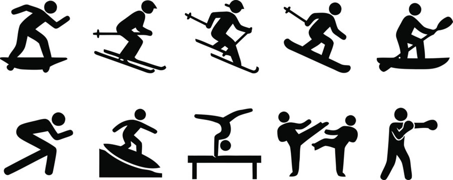 Black silhouettes of people skiing and snowboarding