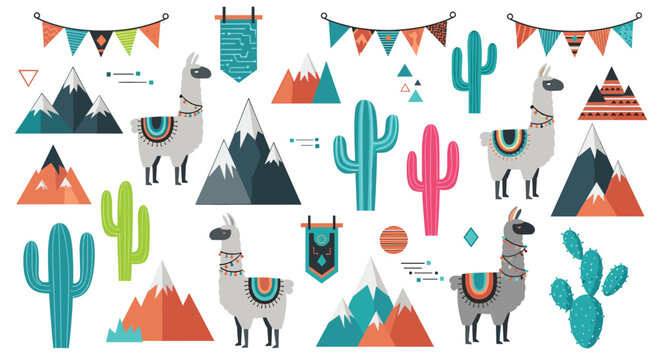 Set of cute flat llama and cactus illustrations with desert mountain landscapes and colorful festive banners for baby nursery decor.