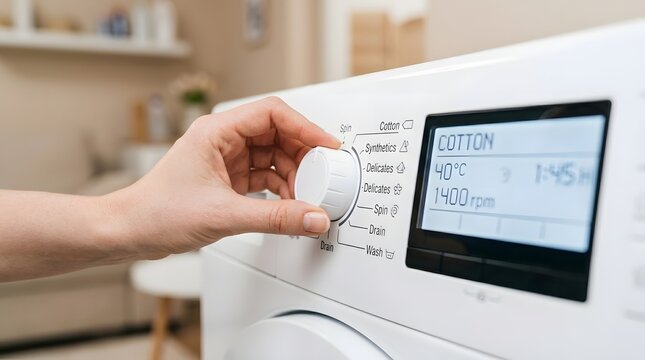 Hand Turning Washing Machine Program Dial to Cotton Cycle Setting with Digital Display Showing 40 Degrees 1400 RPM in Laundry Room