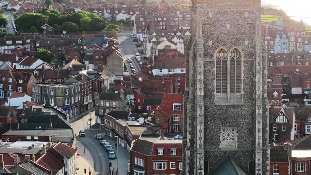 Aerial view of Cromer Parish Church of St Peter and St Paul tower, UK