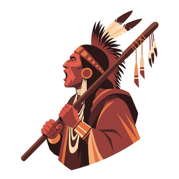 Native American chief with feather headdress holding war club