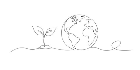 Single line abstract seed and globe. Continuous line drawing of growing seed with planet Earth. Environmental conservation theme. Organic illustration style. One line vector illustration. © bakul garis
