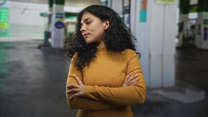 Woman with arms crossed and hands visible standing on street at a petrol station, glancing aside  contemplation. © Krakenimages.com