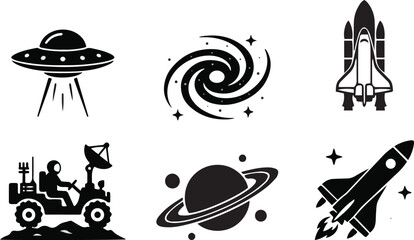 Space Exploration Icons Set - UFO Galaxy Rocket Shuttle Planet and Mars Rover Vector Symbols . © DobirUddin