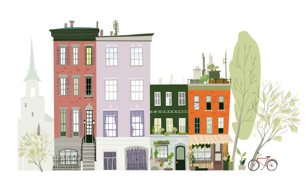 Human made clean editable vector. Cute street of European town with old buildings 