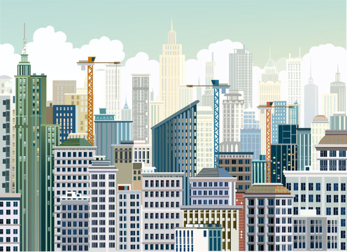 Human made clean editable vector. Modern city illustration, skyscrapers and apartment buildings 