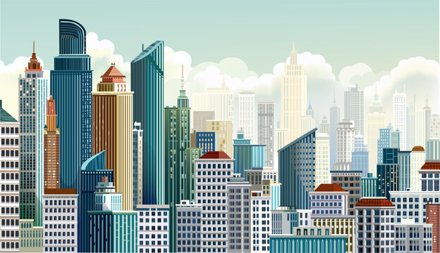 Human made clean editable vector. Modern city illustration, skyscrapers and apartment buildings 