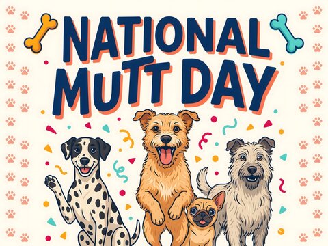 Cute dogs hugging on national mutt day colorful background