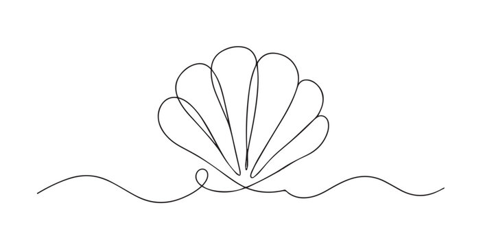 Single line abstract seashell. Continuous line drawing of spiral seashell from the ocean shore. Coastal nature theme. Elegant contour style. One line vector illustration.
