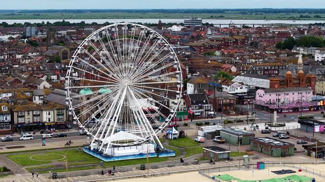 Aerial view of Ferris wheel in Great Yarmouth town, Norfolk, United Kingdom