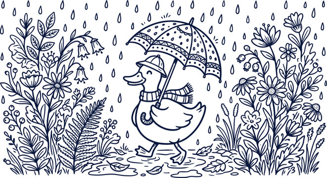 Cute duck wearing raincoat and hat holding umbrella in rain