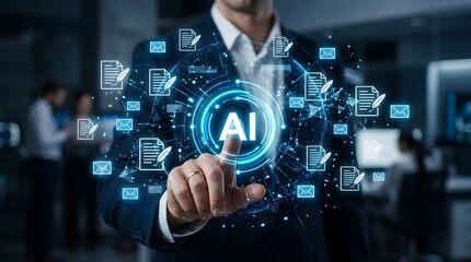 Fototapeta premium Business leader interacting with advanced AI data management system and digital documents