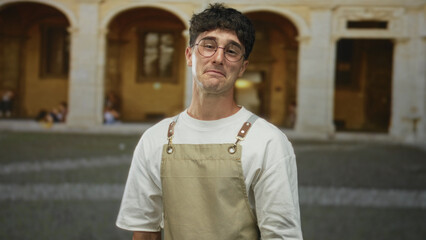 Obraz premium Young man with smirking face and round glasses wearing a tan apron in front of an old building archway; casual confidence.