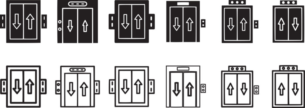 Elevator control panel and lift door icons in outlined and solid style.