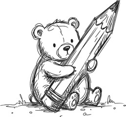 Sketchy outline of a bear cub holding a giant pencil. Scribble scrapbook style, black ink on white background. © Art by Zidni