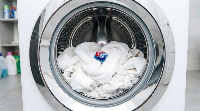 Laundry Detergent Pod Capsule Inside White Washing Machine Drum with Clean White Towels in Modern Laundry Room