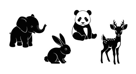 Black silhouettes of cute animals elephant panda rabbit and deer on white background © Nimay