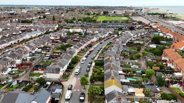 Aerial view of residential neighborhood in Great Yarmouth town, United Kingdom