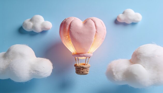 Cute 3D Clay Style Glowing Heart Hot Air Balloon Floating in Pastel Sky