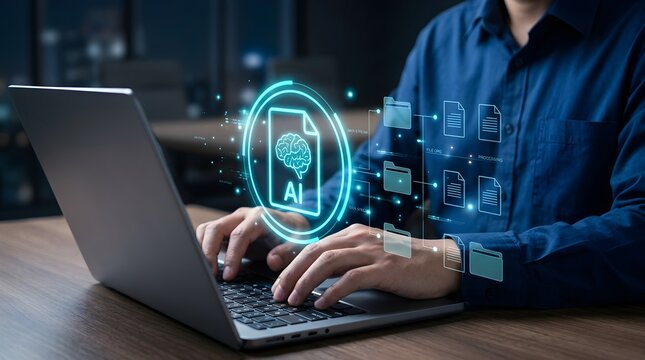 Man working on laptop with AI brain icon and digital data flow, symbolizing intelligent processing