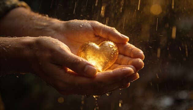 Hands Protecting Glowing Heart from Rain Drops Cinematic Concept of Care