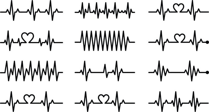 Heartbeat lines display various medical pulse rhythms on a clean white background for diagnostic use.