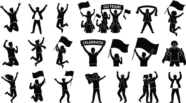 Black silhouettes of people celebrating with flags