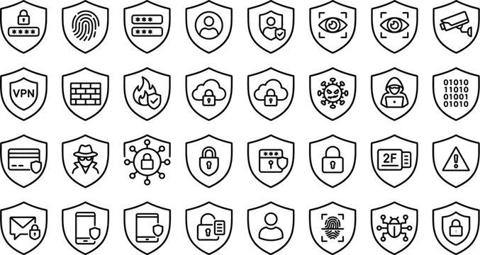 Security shield icons provide a comprehensive set of symbols for protective measures including biometrics, VPN, and padlock imagery to enhance the visual communication of digital safety.