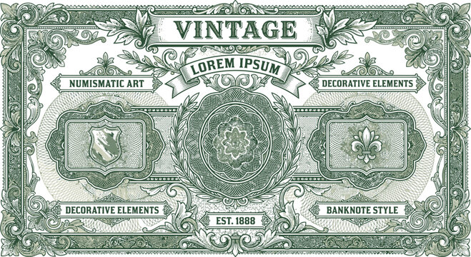 Banknote border features intricate engraving patterns and decorative elements inspired by vintage currency design.