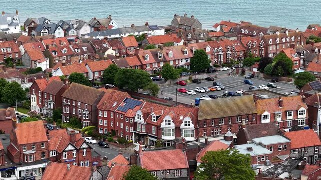 Aerial view of historic architecture in coastal town, United Kingdom