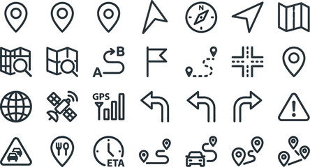 Fototapeta premium Navigation icons provide essential map symbols and location markers for travel applications and global positioning systems.