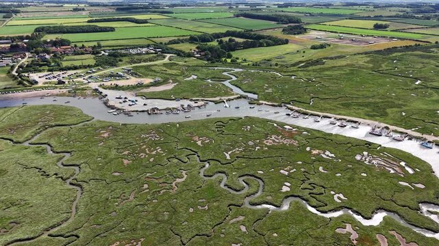 Aerial view of Morston Quay in Blakeney National Nature Reserve, UK