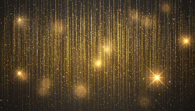 Golden glitter rain curtains falling vertically on black background 黒背景に垂直に降り注ぐ美しい黄金のグリッターの雨と粒子背景