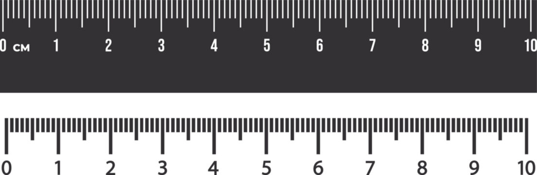 Black and gray ruler with metric system markings from zero to ten centimeters, for measurement.